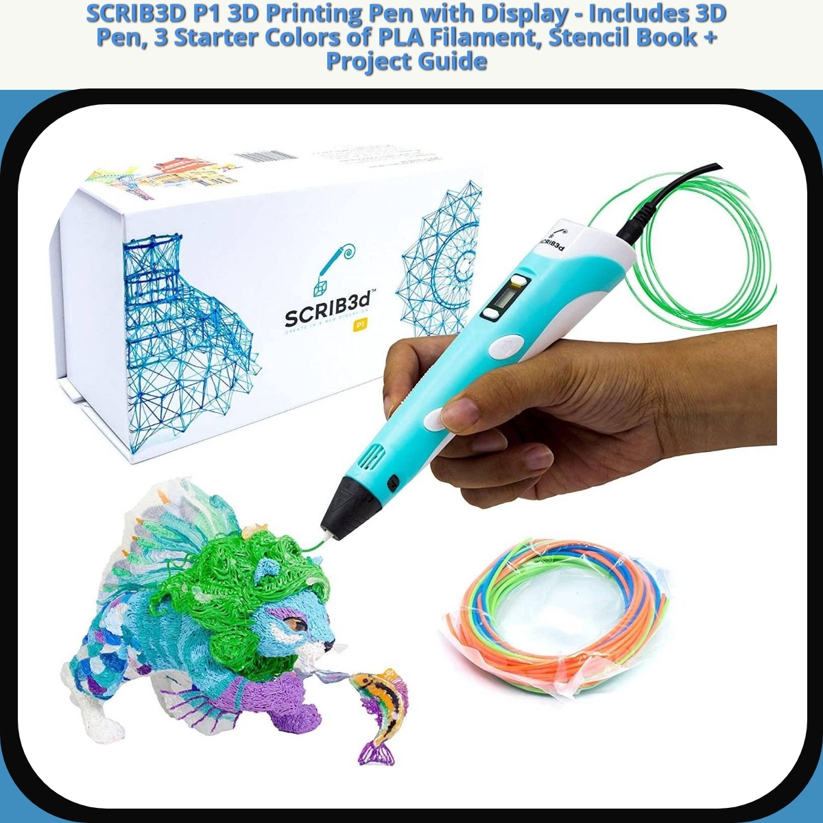 Anmeldelse af SCRIB3D P1 3D Printing Pen with Display - Includes 3D Pen, 3 Starter Colors of PLA Filament, Stencil Book + Project Guide